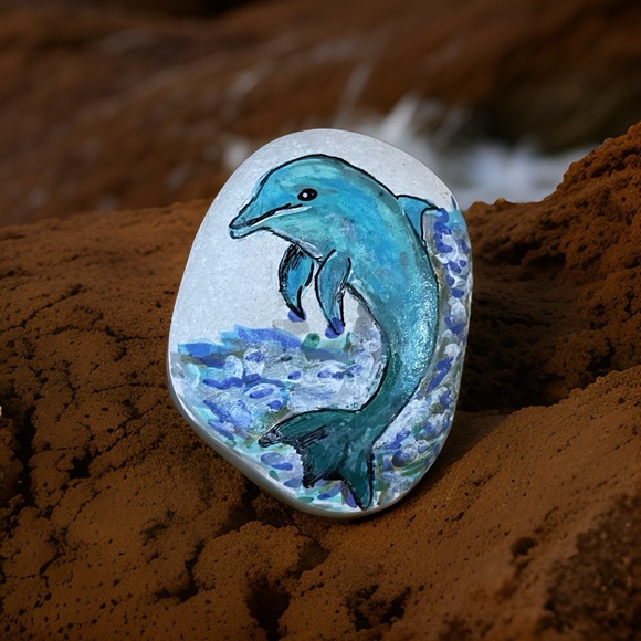 Hand crafted painted dolphin porpoise rock blue white background ocean waves - Picture 3 of 9